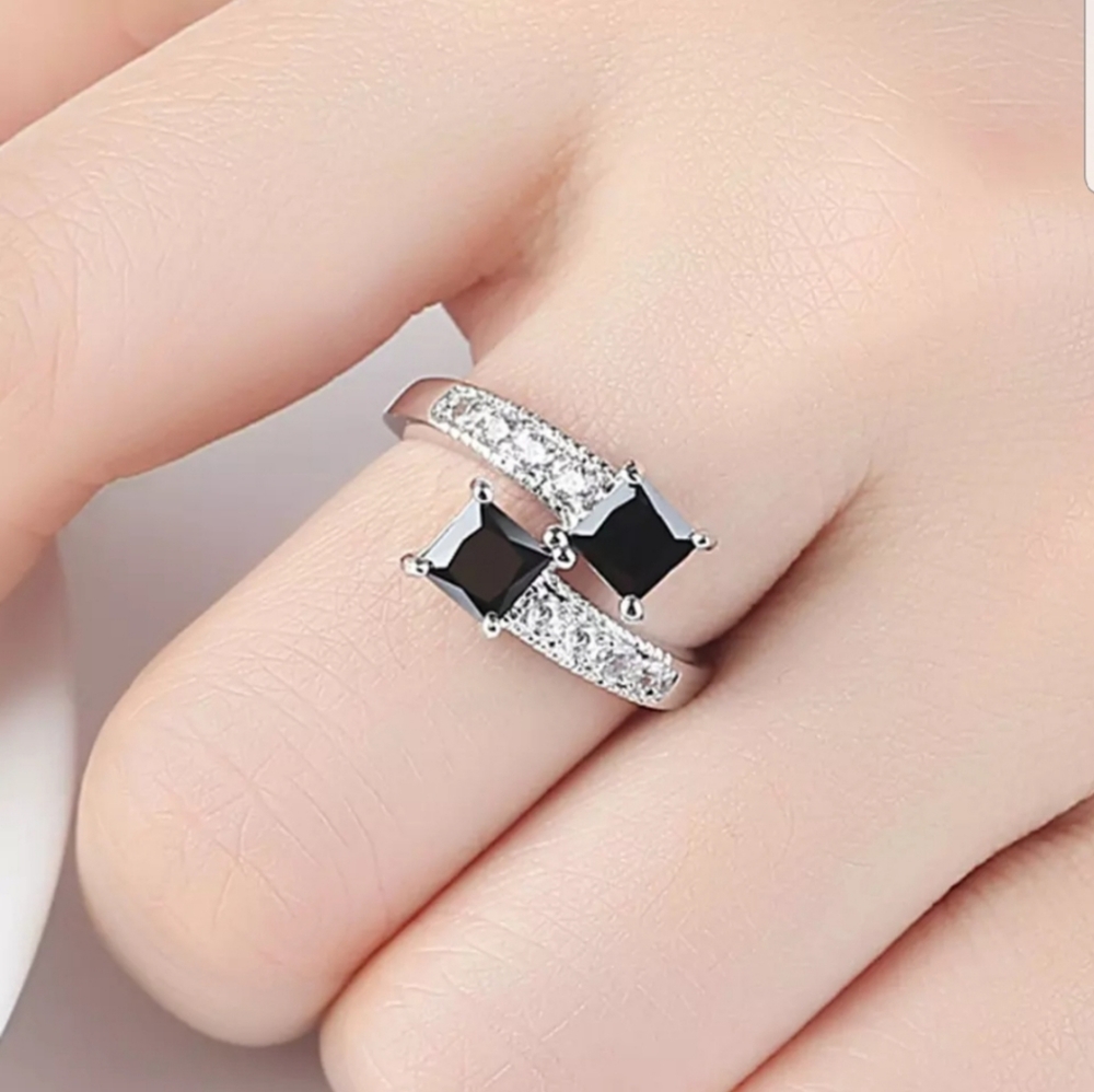 Silver color double black stone wide open ring! - Picture 4 of 6